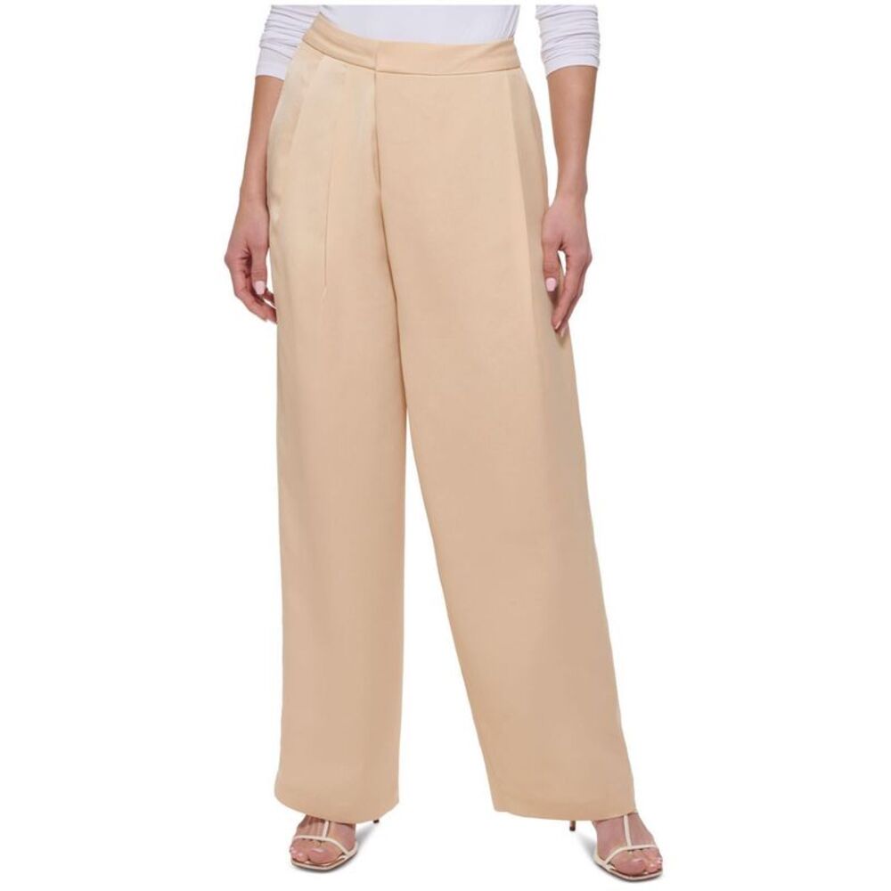 DKNY Womens High Rise Pleated Straight Leg Casual Pants, Beige, Petite, 16P, DM